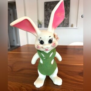 Des. of Florida 1968 Vintage Molded Plastic Bunny Figurine with Green Outfit